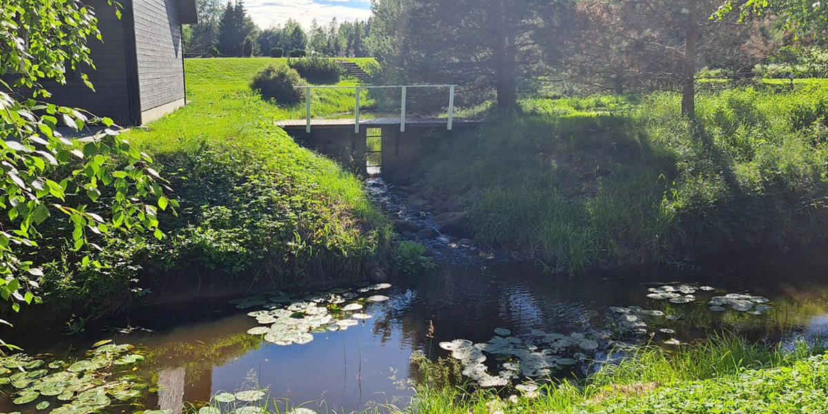Idyllischer Bach mit Seerosen und Holzbrücke im Camp Puhkekeskus in Litauen – Baltikum Reise mit Abenteuer-Touren